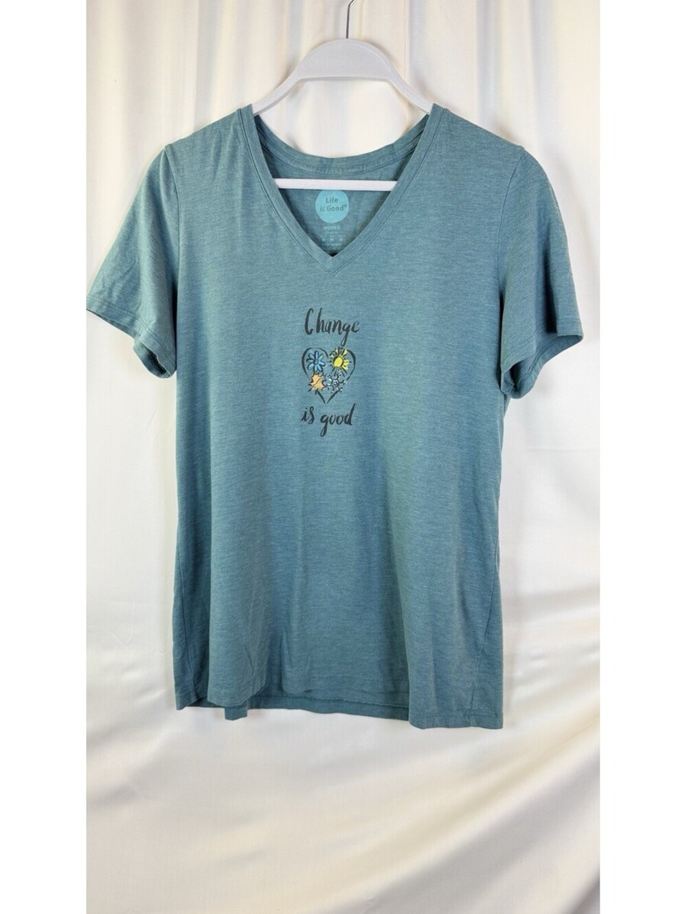 Life Is Good Change Is Good V Neck T Shirt Women Short Sleeve Green Classic Sz M